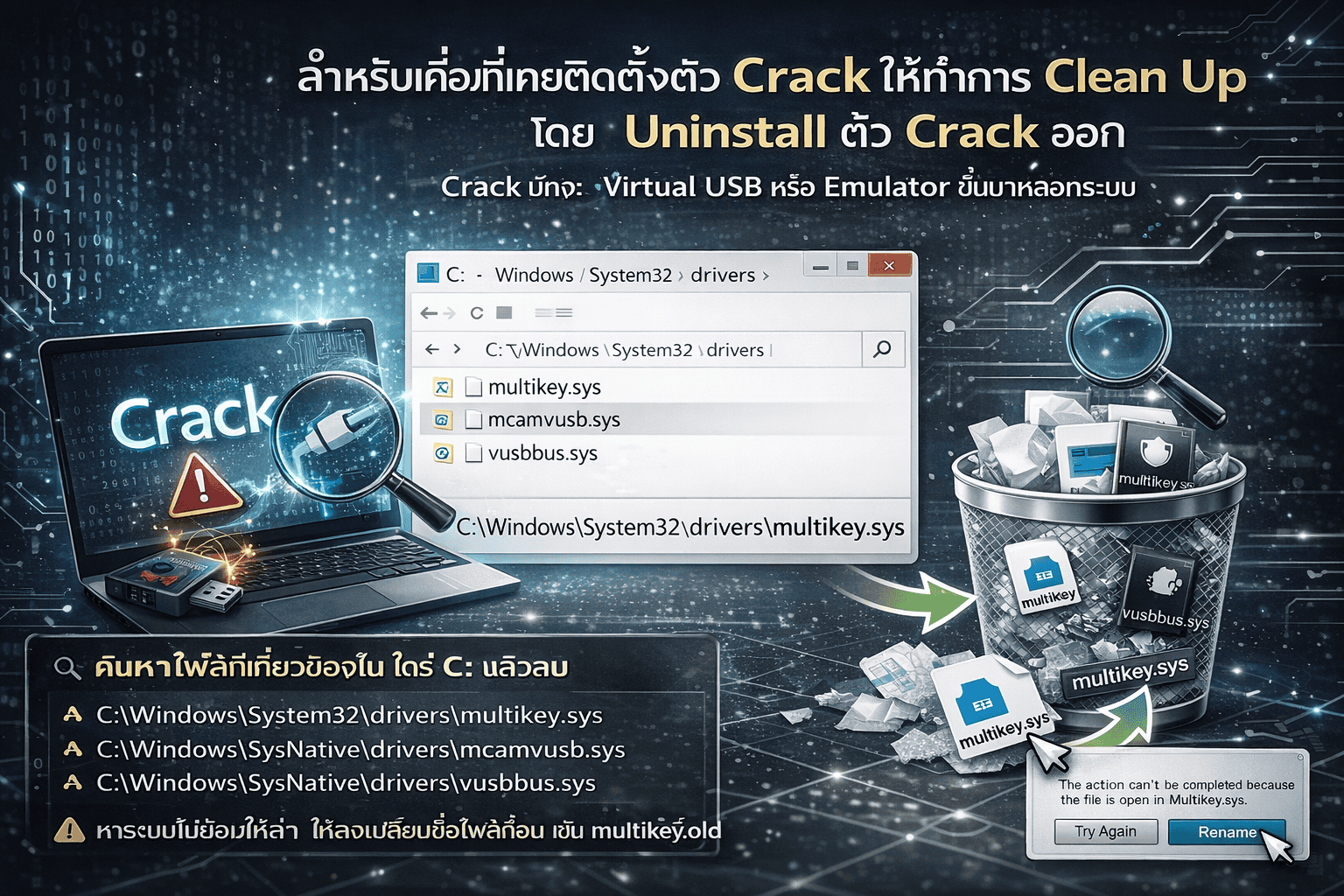 Clean up crack emulator และ driver ที่รบกวน CodeMeter