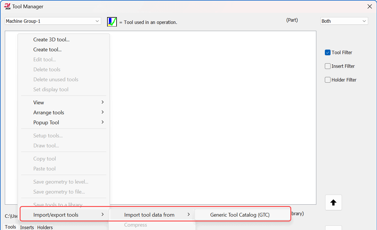 Lathe Generic Tool Catalog Support ใน Mastercam 2026