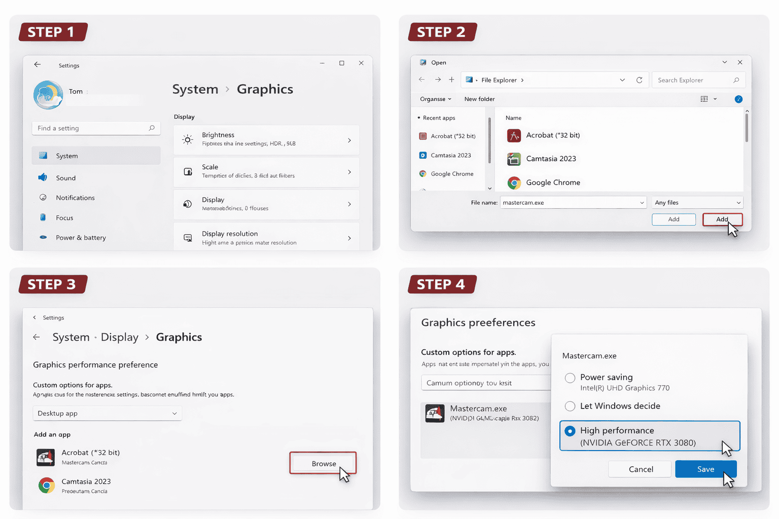 Windows graphics settings for Mastercam dedicated GPU