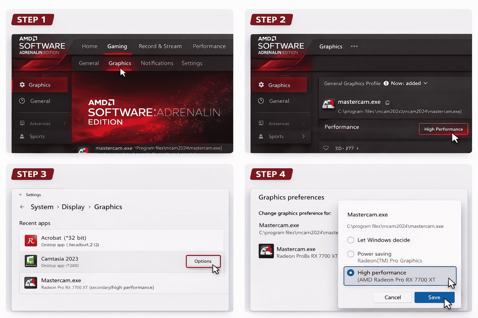 AMD dedicated graphics settings for Mastercam