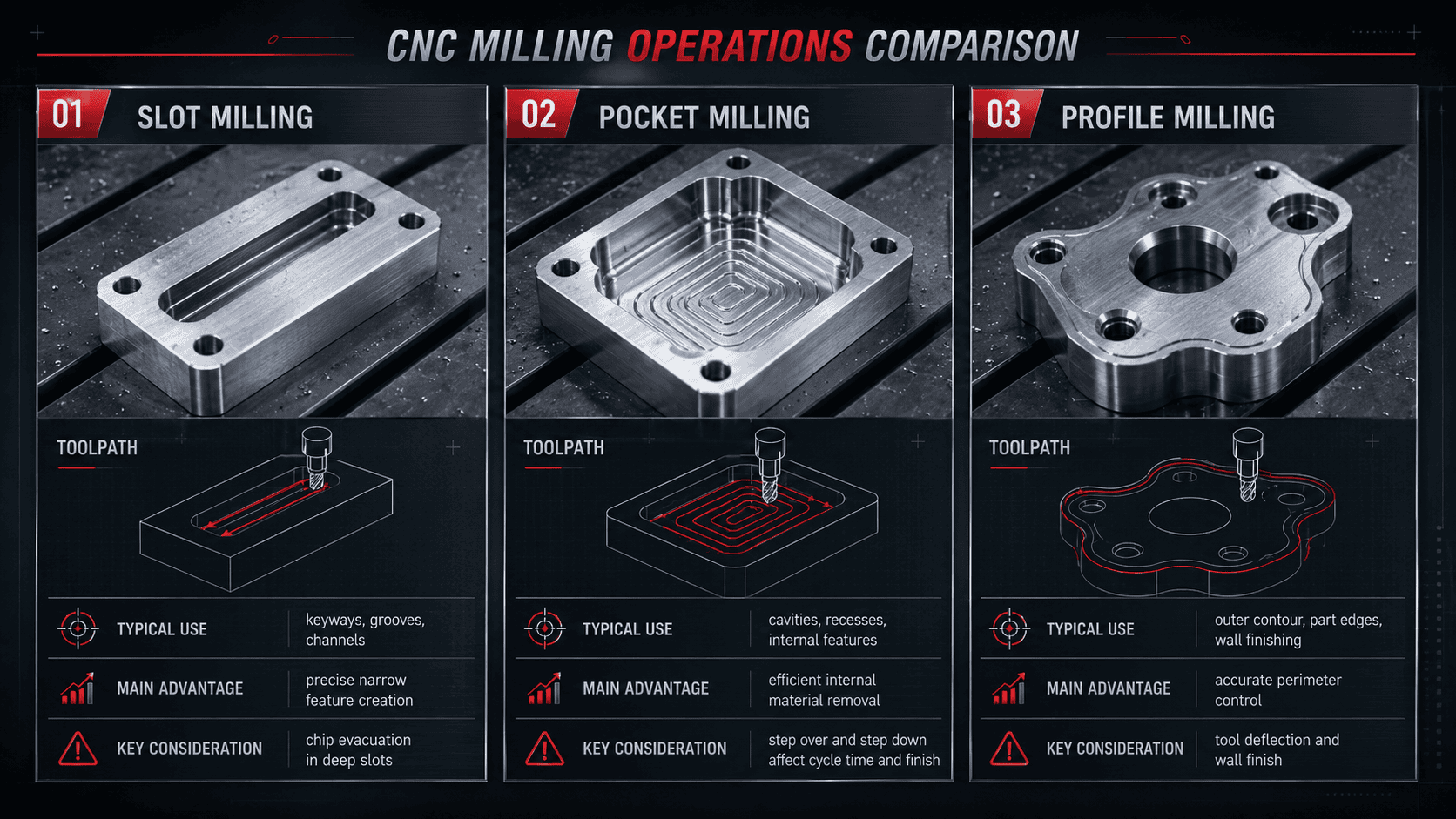 CNC Milling Operations Slot Pocket Profile Comparison ภาพเปรียบเทียบ CNC Milling Operations ระหว่าง Slot Pocket และ Profile Milling