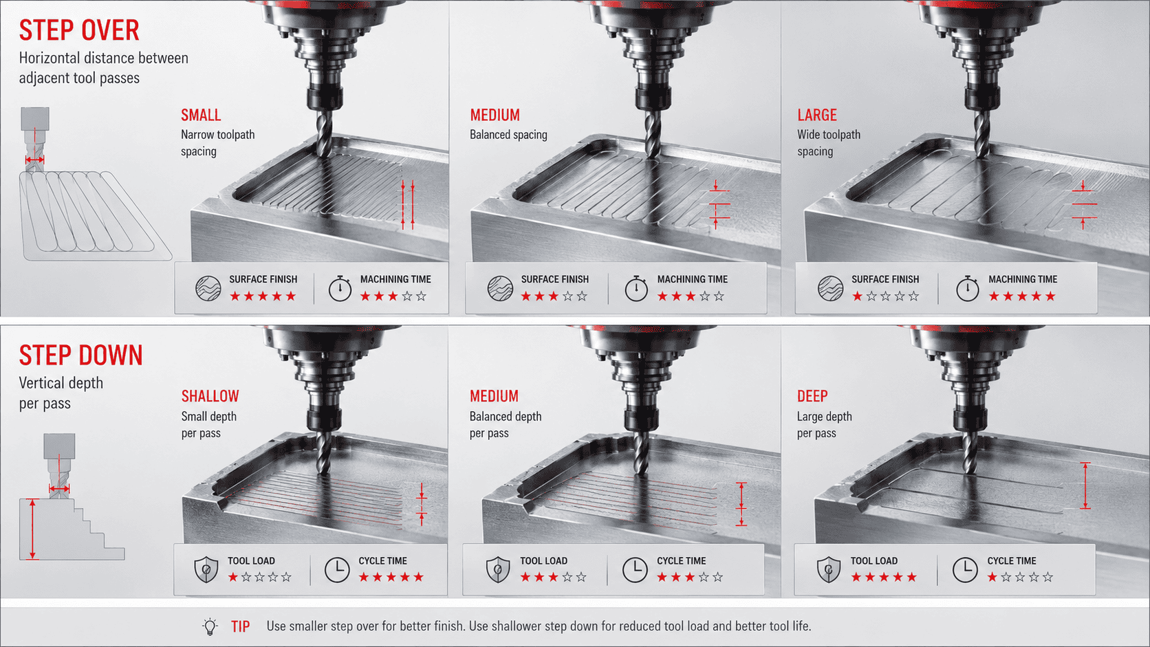 CNC Milling Step Over Step Down Setting Comparison เปรียบเทียบการตั้งค่า Step Over และ Step Down แบบ Small Medium Large ในงาน CNC Milling