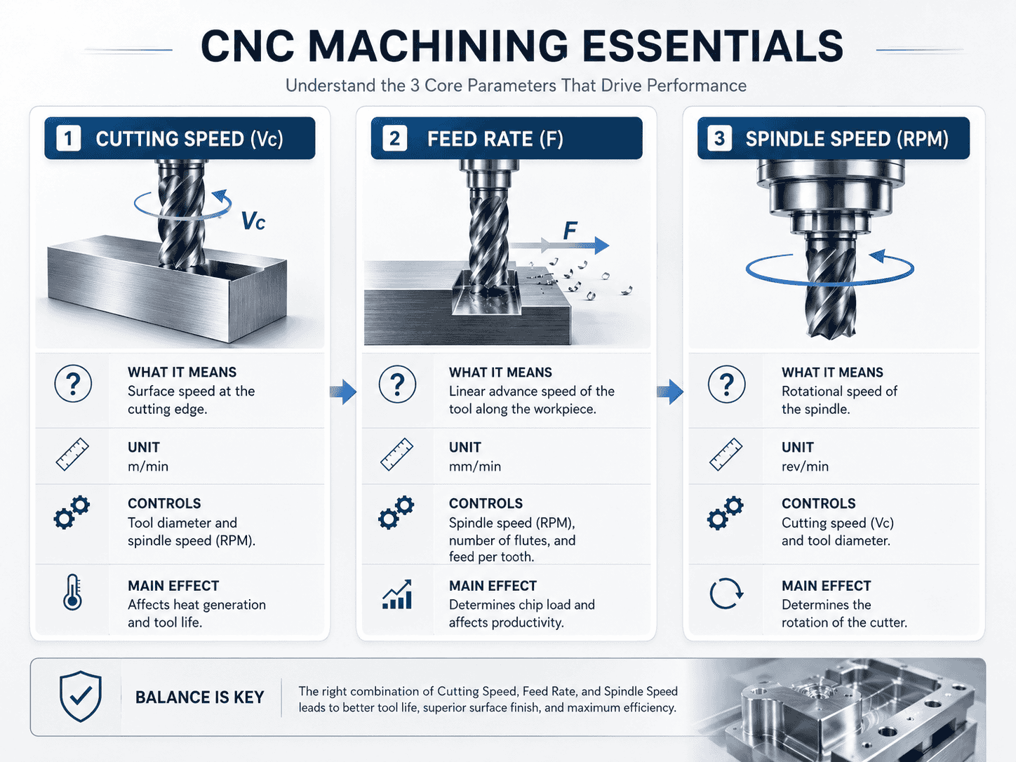ตารางเปรียบเทียบ Cutting Speed Feed Rate และ Spindle Speed สำหรับงาน CNC Machining