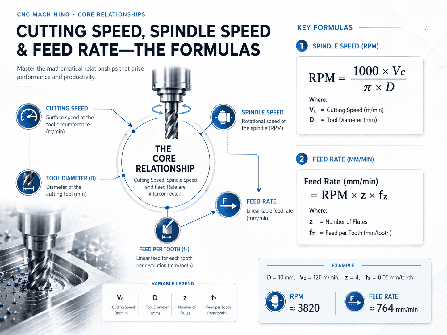 สูตรคำนวณ Spindle Speed RPM และ Feed Rate จาก Cutting Speed Tool Diameter Number of Flutes และ Feed per Tooth