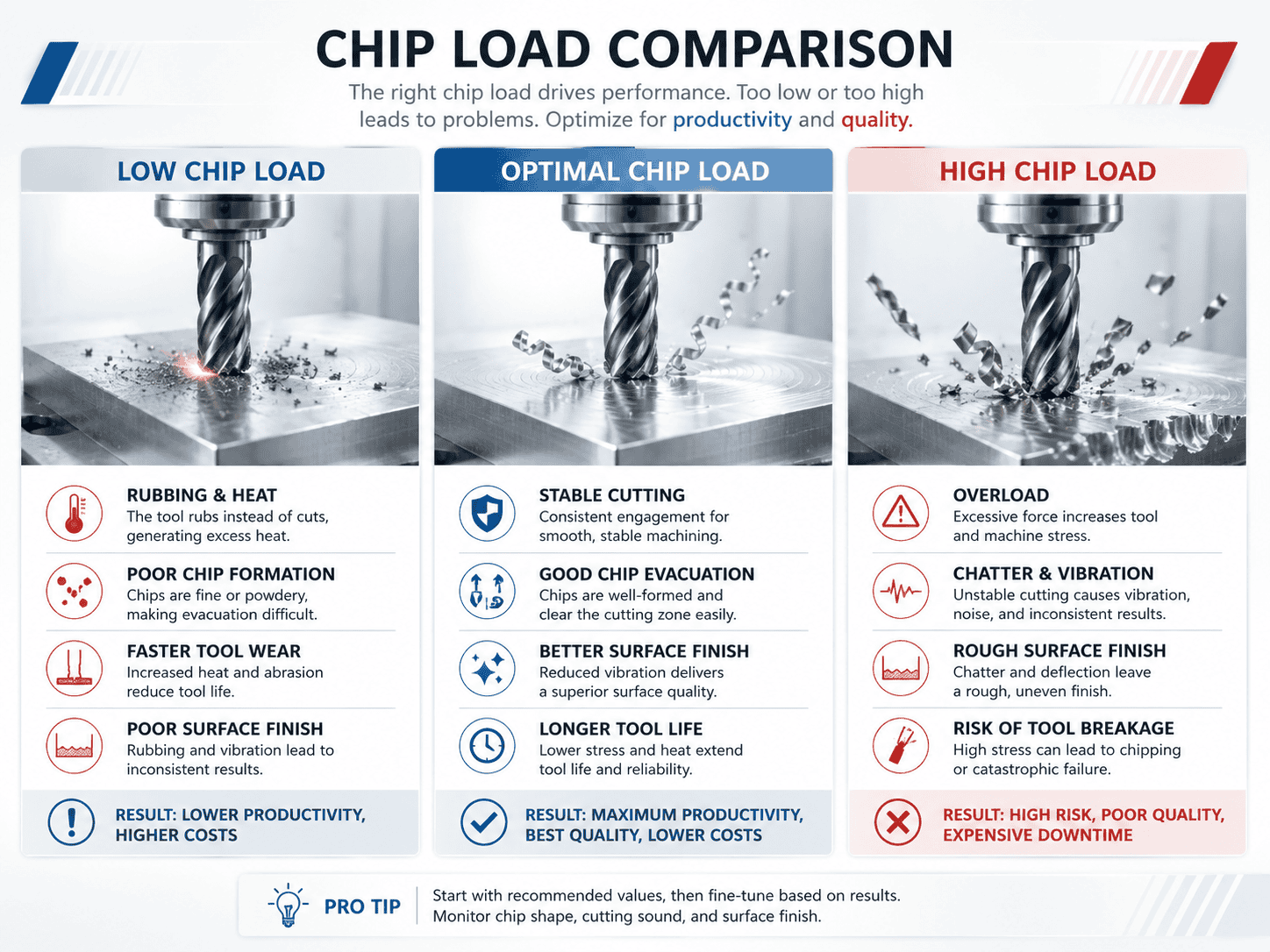 Low optimal and high Chip Load comparison in CNC milling