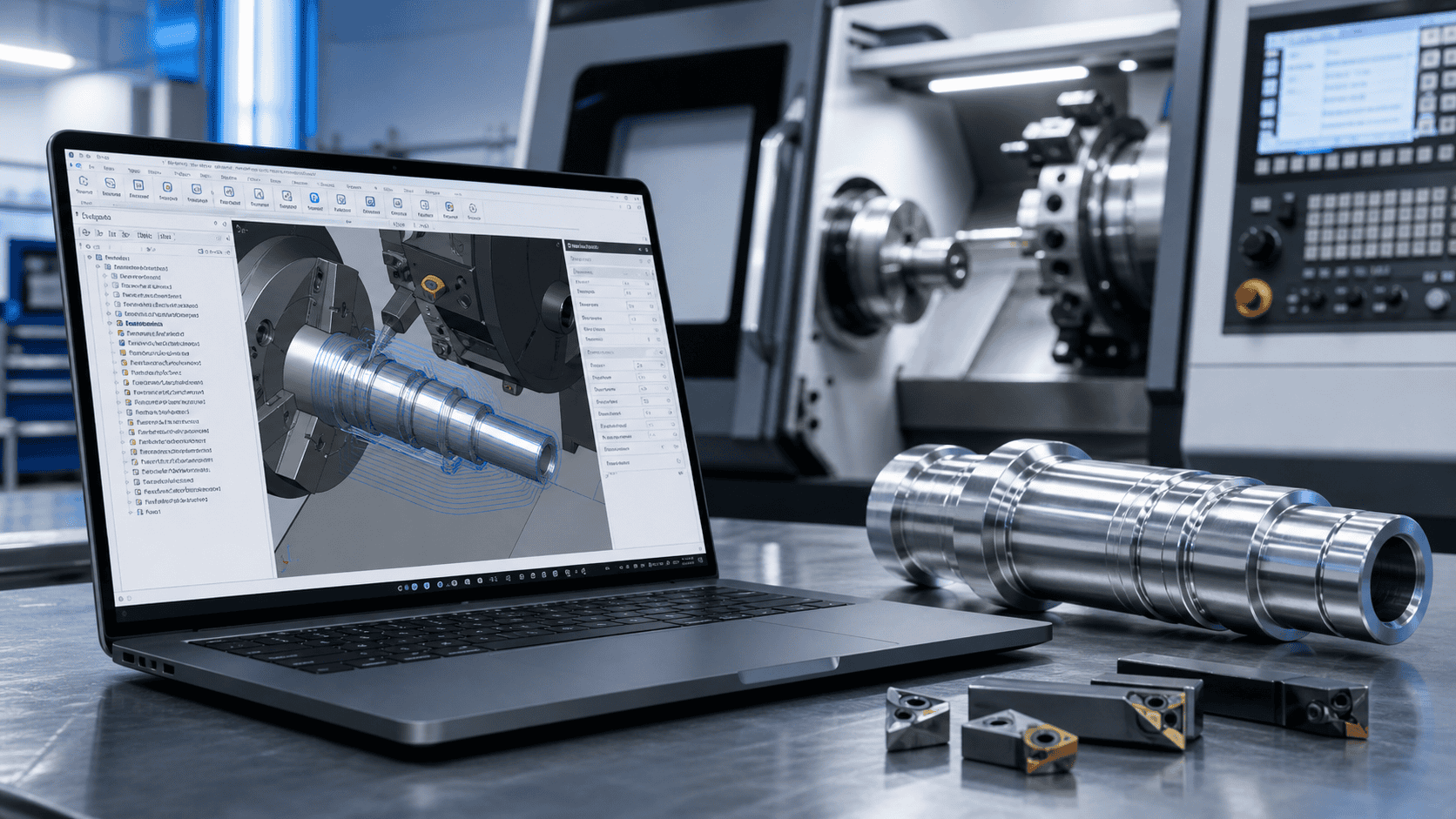 Mastercam Lathe ซอฟต์แวร์ CAD/CAM สำหรับงานกลึง CNC แสดง Toolpath งานกลึงบนหน้าจอพร้อมชิ้นงานเพลาความแม่นยำสูง