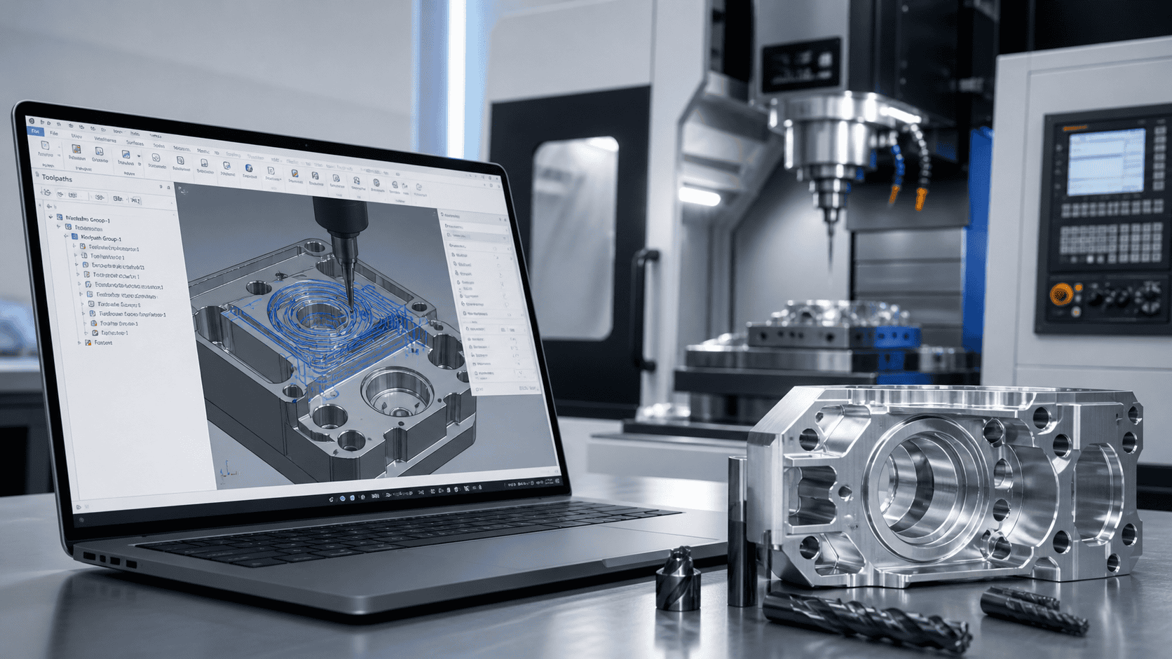 Mastercam Mill ซอฟต์แวร์ CAD/CAM สำหรับงานกัด CNC แสดง Toolpath บนหน้าจอพร้อมชิ้นงานโลหะความแม่นยำสูง
