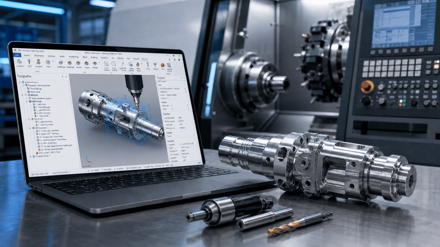 Mastercam Mill-Turn ซอฟต์แวร์ CAD/CAM สำหรับงานกัดและกลึง CNC ในเครื่องเดียว แสดง Toolpath บนหน้าจอพร้อมชิ้นงานโลหะความแม่นยำสูง