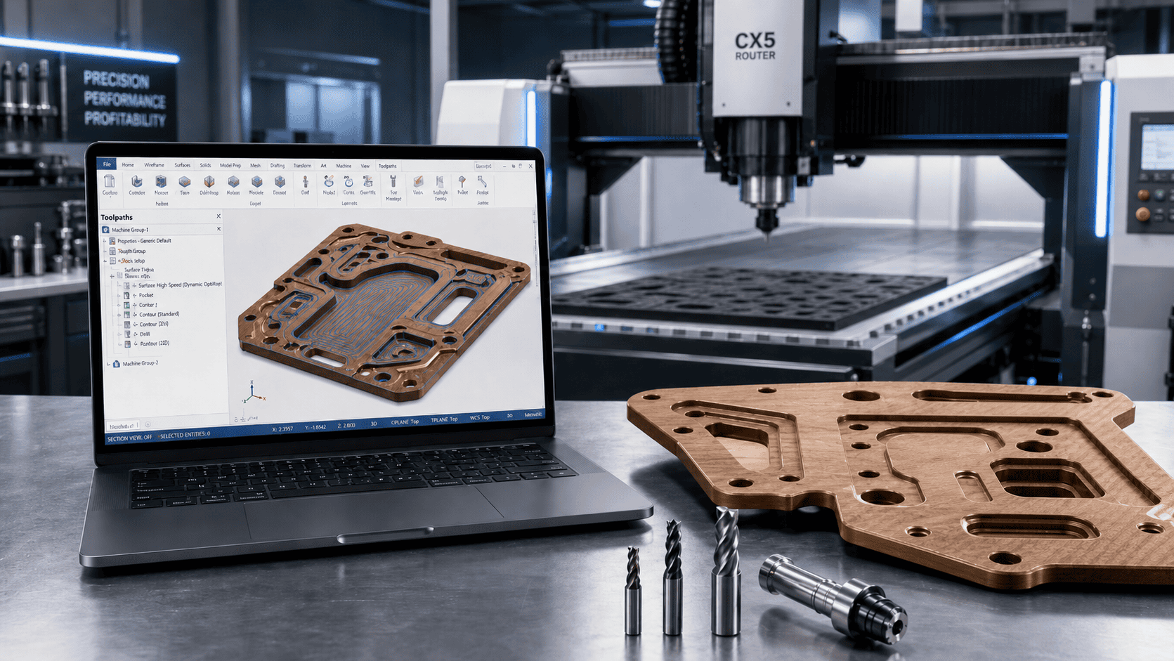 Mastercam Router ซอฟต์แวร์ CAD/CAM สำหรับงาน CNC Router แสดง Toolpath บนหน้าจอพร้อมชิ้นงานไม้ พลาสติก และคอมโพสิต
