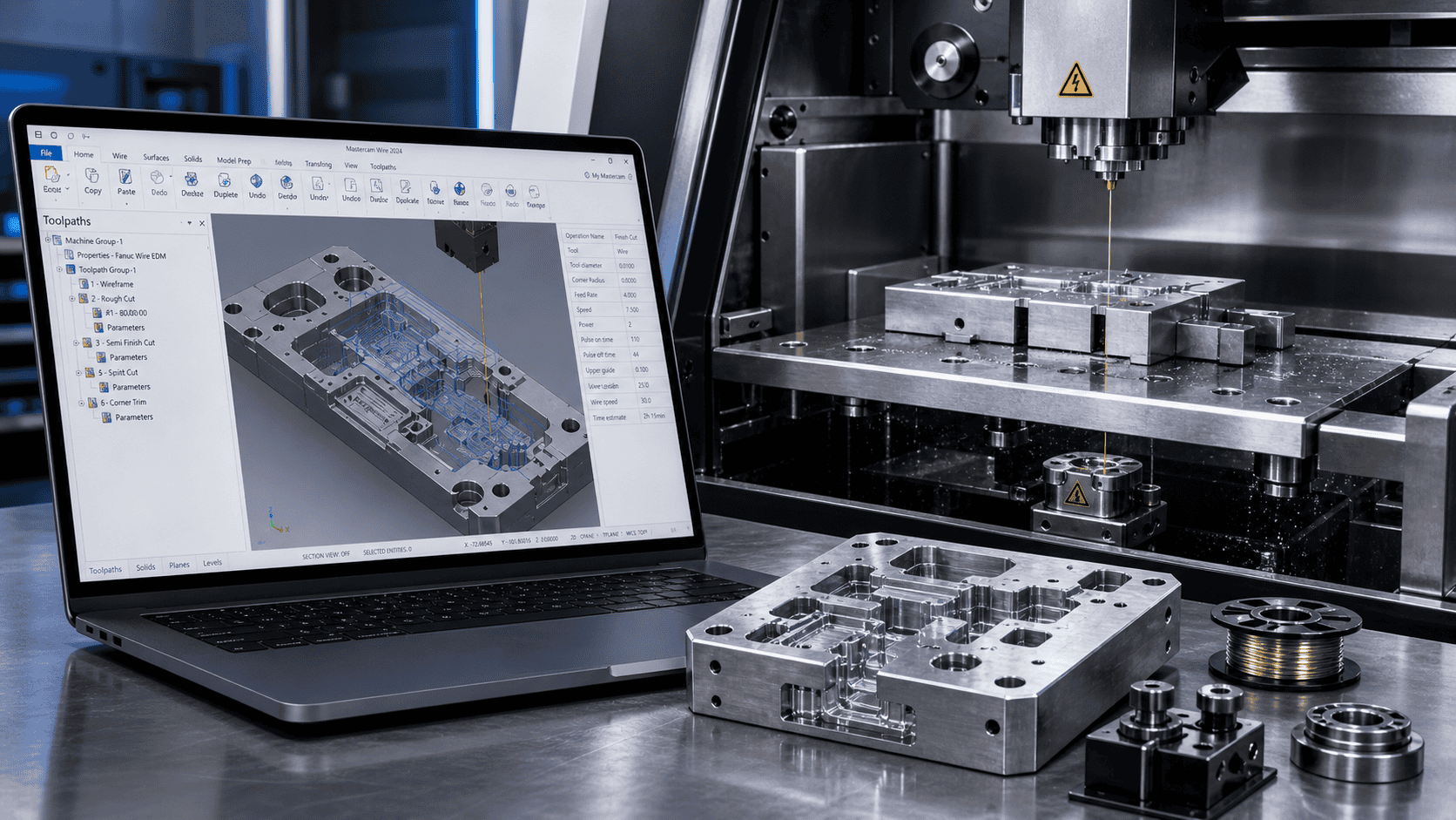 Mastercam Wire ซอฟต์แวร์ CAD/CAM สำหรับงานตัดลวด Wire EDM แสดง Toolpath บนหน้าจอพร้อมชิ้นงานแม่พิมพ์ความแม่นยำสูง