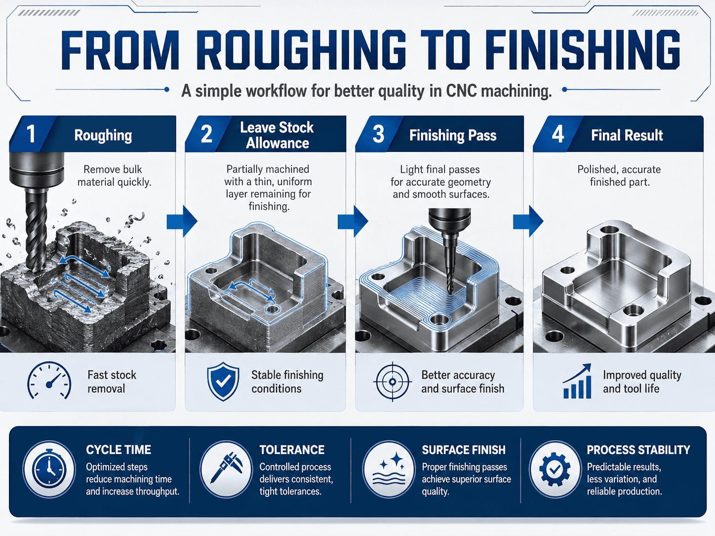 Workflow งาน CNC จาก Roughing ไป Finishing พร้อมการเผื่อเนื้อ Leave Stock Allowance และชิ้นงานสำเร็จ