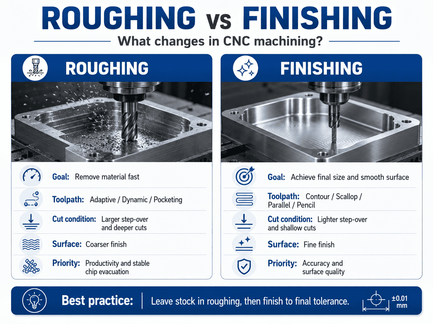 ตารางเปรียบเทียบ Roughing และ Finishing ในงาน CNC Machining ทั้งเป้าหมาย Toolpath สภาพการตัด และคุณภาพผิว