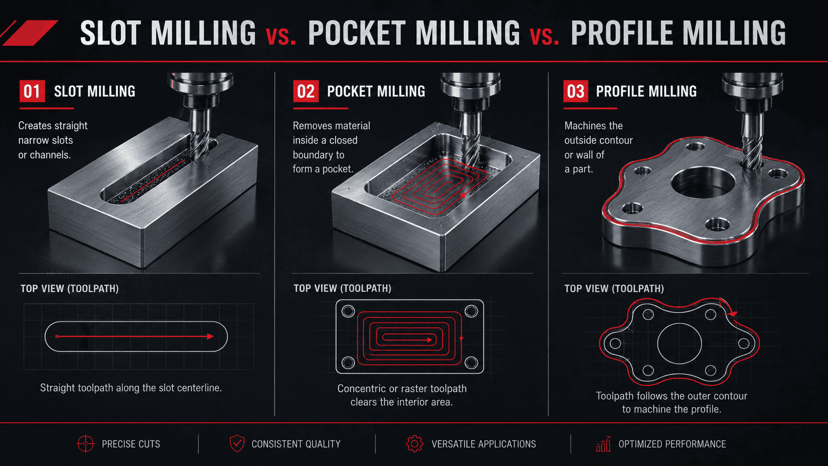 Slot Milling vs Pocket Milling vs Profile Milling ภาพเปรียบเทียบ Slot Milling Pocket Milling และ Profile Milling ในงาน CNC