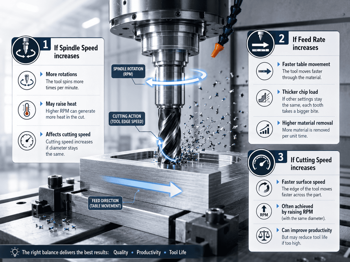 ผลกระทบเมื่อเพิ่ม Spindle Speed Feed Rate และ Cutting Speed ในงานกัด CNC