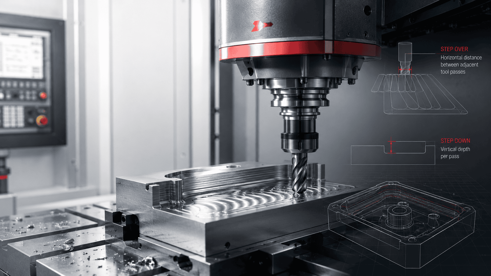 Step Over และ Step Down คืออะไรในงาน CNC Milling Step Over และ Step Down ในงาน CNC Milling พร้อมเครื่อง CNC กัดชิ้นงานโลหะและเส้น Toolpath