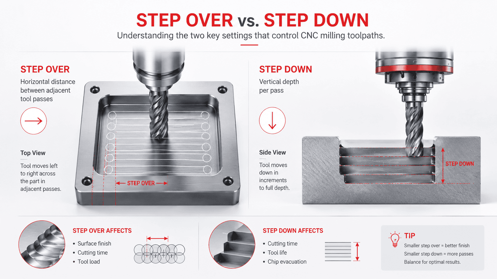 Step Over vs Step Down CNC Milling Explained ภาพอธิบาย Step Over และ Step Down ใน CNC Milling ด้วย Top View และ Side View