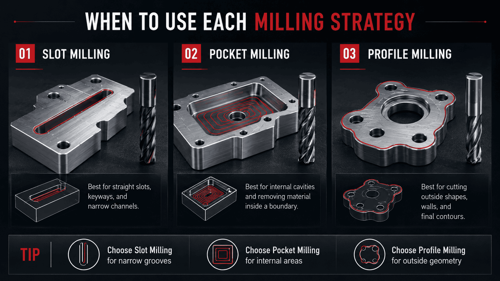 When to Use Slot Pocket Profile Milling Strategy ภาพอธิบายการเลือกใช้ Slot Milling Pocket Milling และ Profile Milling Strategy